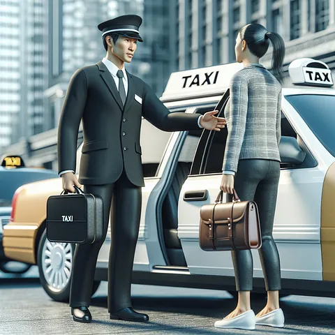 Realistic stock image of a taxi driver helping passengers.